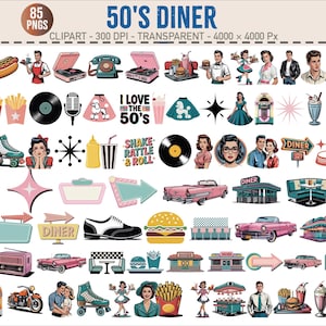 Puede incluir: Una colección de 85 imágenes prediseñadas PNG de estilo retro con temática de restaurante de los años 50. Incluye ilustraciones de batidos, perritos calientes, discos de vinilo, máquinas de discos, coches clásicos, letreros de restaurantes y personas. La paleta de colores presenta rosa pastel, turquesa y rojo.