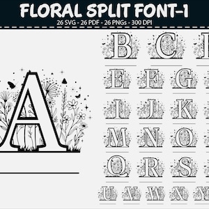 Könnte beinhalten: Schwarz-weißes florales Split-Font-Set. Das Bild zeigt die Buchstaben A bis Z, jeweils mit floralem Design. Der Text "FLORAL SPLIT FONT-1" befindet sich oben.