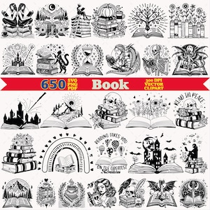 May include: A collection of black and white vector clipart illustrations featuring books, reading themes, skulls, dragons, castles, nature, and celestial elements. The central red banner displays the text 650 SVG PNG PDF Book 300 DPI.