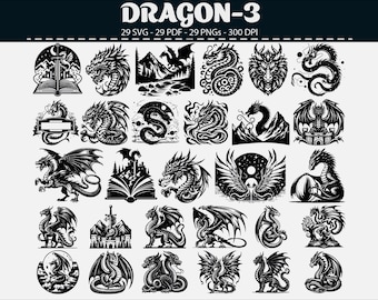 ドラゴンのイラスト 白黒バンドル 1 36 デジタル Ai 線画 PNG-SVG