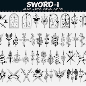 May include: A collection of black and white sword illustrations. The designs feature swords with wings, crowns, floral details, and banners. The image includes the text "SWORD-1" and file type information.