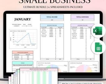 May include: A laptop screen displaying a spreadsheet bundle for small businesses. The screen shows financial trackers, including revenue, expenses, and cash flow summaries. The text "SMALL BUSINESS" is at the top.