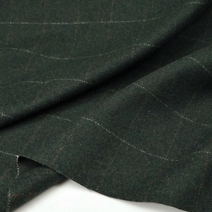 Puede incluir: Primer plano de una tela verde oscuro con un sutil patrón de cuadros. La tela tiene una textura suave y un ligero brillo, con finas líneas blancas y marrones que forman la cuadrícula. El material está drapeado, mostrando pliegues y sombras.