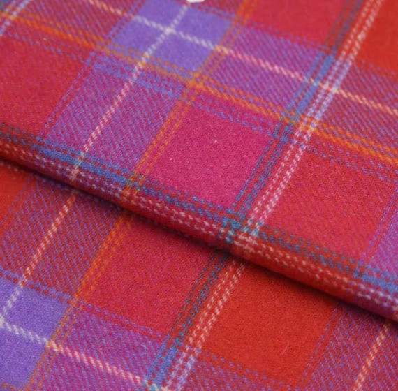 Vibrant Red & Purple Plaid Wool Tweed – Heavyweight 50% Wool Blend Fabric – High-Quality Textile for Coats and Suits