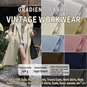 May include: A beige trench coat with the text "GRADIENT FABRIC VINTAGE WORKWEAR". The image includes fabric swatches in different colours and a chart detailing fabric characteristics and suitable garments. The fabric weighs 420 g.