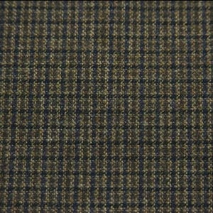 May include: Close-up of a woven fabric with a small, repeating check pattern. The fabric features a combination of brown, olive green, and navy blue threads, creating a textured appearance. The pattern is consistent across the entire surface.