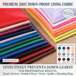Puede incluir: Tejido de forro a prueba de plumas en varios colores, como rojo, azul y verde. La imagen muestra opciones de colores vibrantes y especifica que el tejido tiene 1,5 m (60") de ancho y es adecuado para chaquetas, chalecos y edredones.