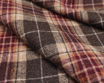 Red & Earthy Brown Plaid Wool Flannel Fabric - 88% Wool Blend - Soft Vintage British Check for Skirts, Blazers, and Retro Suits - 150cm Wide