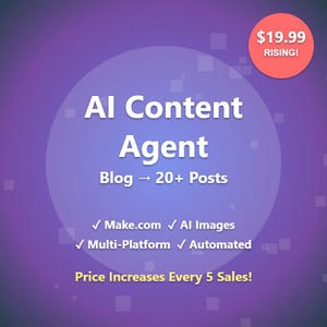 May include: A digital advertisement for an AI Content Agent, featuring a purple and blue gradient background. The text includes "AI Content Agent," "Blog -> 20+ Posts," and checkmarks for features like Make.com and AI Images. A red circle displays "$19.99 RISING!"