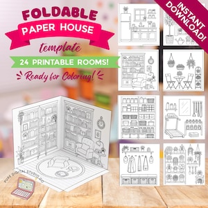 Puede incluir: Una plantilla de casa de papel plegable con 24 habitaciones imprimibles listas para colorear. El dibujo de líneas en blanco y negro muestra varias escenas interiores, incluyendo una cocina, biblioteca, gimnasio y sala de plantas.