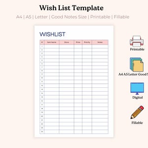 Simple Wish List Template | Shopping Wish List | Fillable Holiday & Birthday Wishlist | Favorite Things List | A4/A5/Letter
