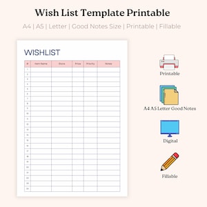 Wishlist Template Printable And Editable | Favorite Things List | Retirement, Holiday & Birthday Wishlist | A4 A5 Letter