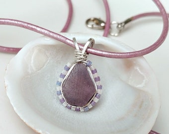 Sapphire pink corundum, raw crystal necklace sterling silver, purple leather chain