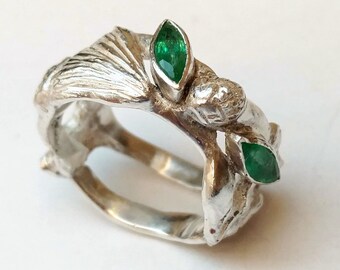 Forest ring for women, two genuine emerald fine silver 999, size 6