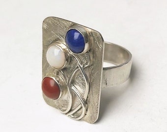 Bague rouge blanc bleu argent sterling, rectangulaire taille 8, drapeau néerlandais, tricolore, jaspe rouge, opale blanche, lapis bleu, bijoux patriotiques