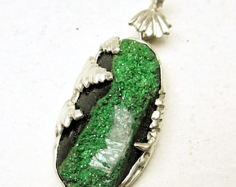 Uvarovite druzy pendant sterling silver, forest necklace, green garnet artisan