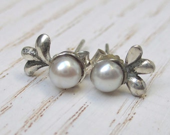 Pearl stud earrings sterling silver with three leaves, fleur de lis, dainty studs