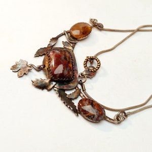 Rustic necklace, red rusty pietersite, oxidized silver, fallen leaves autumn style image 1