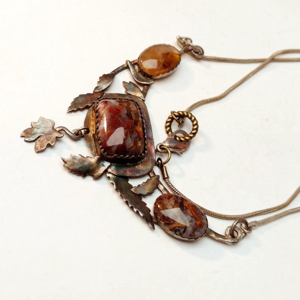 Rustic necklace, red rusty pietersite, oxidized silver, fallen leaves autumn style