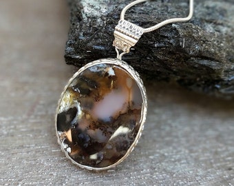 Dendritic agate necklace sterling silver, merlinite, large oval pendant in fantasy bezel