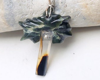 Tree pendant Wyoming jade, moss agate, sterling silver, gift for him or for her