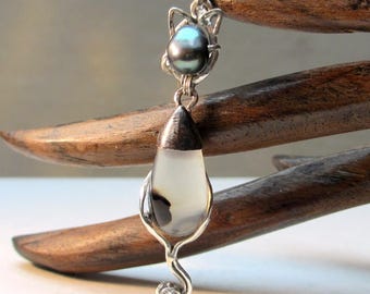 Sterling Silver Cat Pendant, Black Tahitian Pearl, Dendritic Agate, Handmade Cat Lover Jewelry