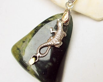 Tumbled Guatemalan Jade Triangle Pendant, Sterling Silver Lizard Necklace