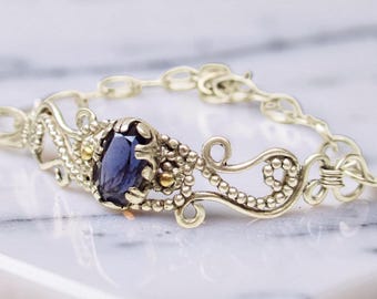Iolite filigree chain bracelet sterling silver, accents of gold 10 k