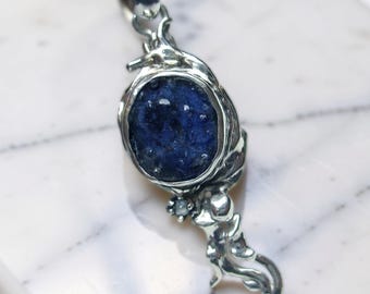 Raw Blue Sapphire Necklace, Sterling Silver, Custom leather cord