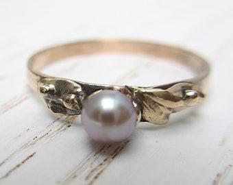 Solid gold ring, 14 k rose gold, dainty golden ring,  genuine pink pearl, size 7 1/4 US,  EU ring size 17,3