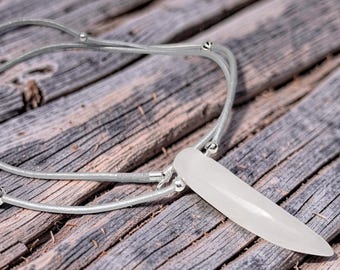 White jade horn necklace Cornicello, with sterling silver beads, custom leather cord, sterling clasp