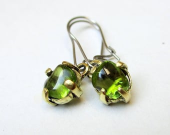 Dainty peridot earrings, raw peridot aka olivine crystals gold colored setting, stainless steel