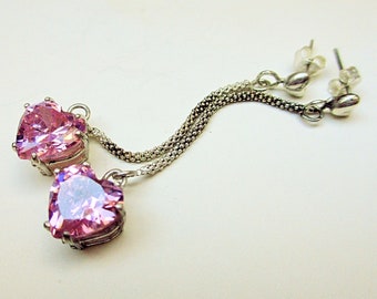 Long chain dangle heart earrings, dangling hearts, sterling silver, sparkling pink stones