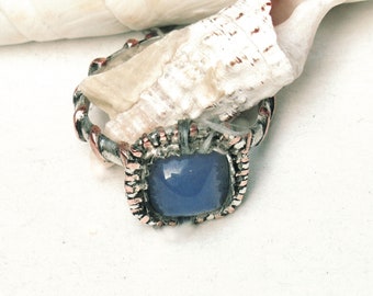 Square Blue Chalcedony Ring, Sterling Silver & Copper, Mixed Metal Gemstone Jewelry, Custom Sized