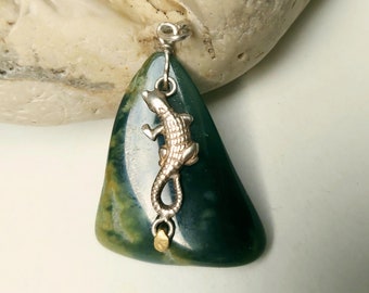 Lizard pendant Guatemala jade, triangle necklace, sterling silver, spring gift