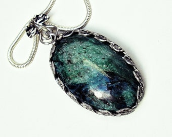 Blue green aventurine necklace sterling silver, large oval pendant in fantasy bezel