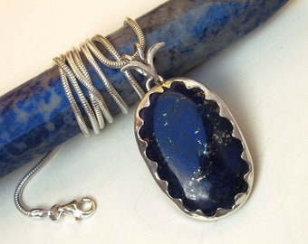 Lapis lazuli necklace fine silver 999, large navy blue lapis pendant, sterling snake chain