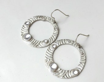 Water Drop Hoop Earrings, Fine Silver 999, White Cubic Zirconia cabochon stones