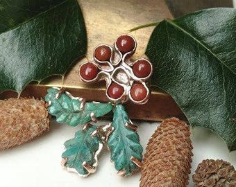 Holly leaf necklace red and green stones copper, Christmas seasons gift, red braided chain