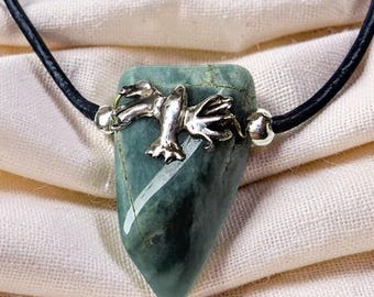 Blue water Guatemala jade necklace, sterling silver bird, dark blue leather cord