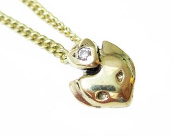Tiny cat head heart pendant 9 k solid gold