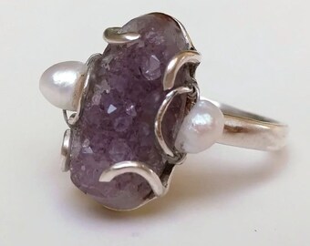 Amethyst druzy ring sterling silver, white pearl, size 7