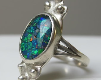 Handmade natural opal mosaic ring sterling silver, size 9,25 or 18,5