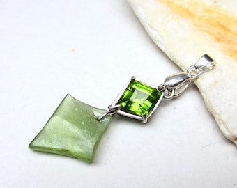 Double rhombus geometric pendant green peridot, raw and faceted chrysolites in sterling silver