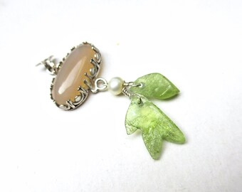 Raw Pakistan peridot leaf pendant, milk agate, sterling silver