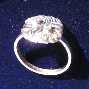 May include: A silver ring with a twisted design and two green gemstones set in the top.