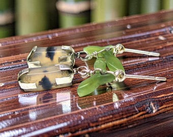 Wyoming Jade Earrings Sterling Silver, Moss Agate Dangles, Tree Shape