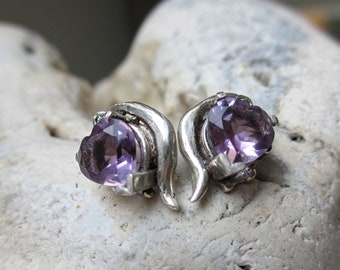 Purple amethyst heart earrings, sterling silver dainty earrings