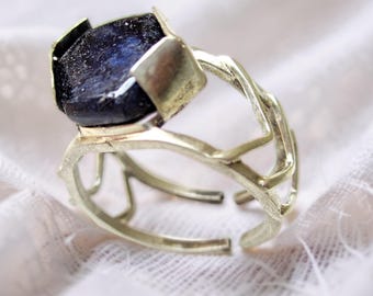 Large Hexagonal Blue Sapphire Ring, Sterling Silver Double Band, Custom Size Statement Ring