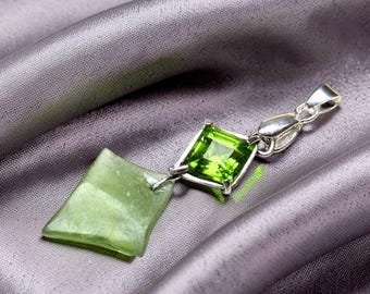 Double rhombus geometric pendant green peridot, raw and faceted chrysolites in sterling silver